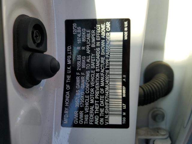 SHHFK7H43MU409216 - 2021 HONDA CIVIC SPOR WHITE photo 10