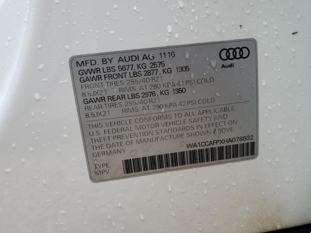 WA1CCAFPXHA078932 - 2017 AUDI SQ5 PREMIU WHITE photo 10