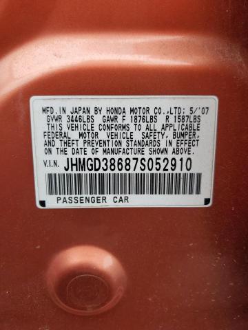 JHMGD38687S052910 - 2007 HONDA FIT S 橙色 照片 10