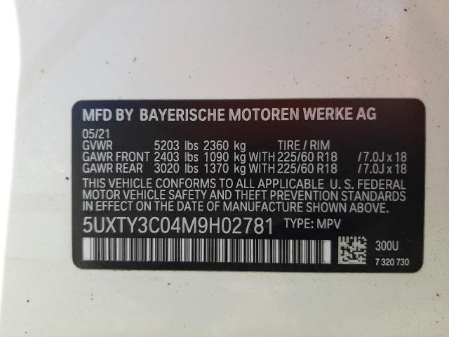 5UXTY3C04M9H02781 - 2021 BMW X3 SDRIVE3 WHITE photo 10