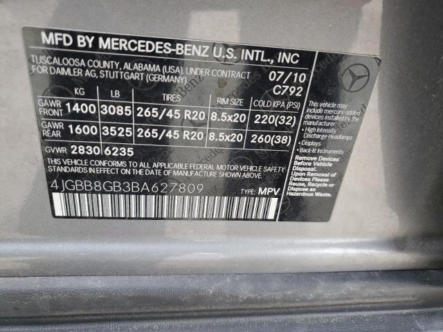 4JGBB8GB3BA627809 - 2011 MERCEDES-BENZ ML 350 4MA GRAY photo 10