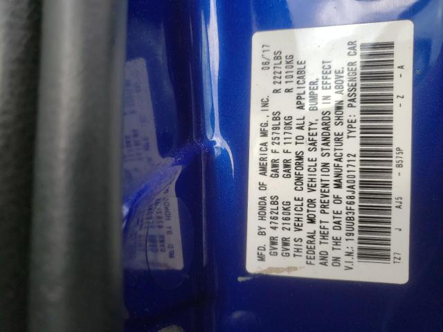 19UUB3F68JA001712 - 2018 ACURA TLX TECH+A BLUE photo 10