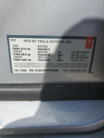 5YJSA1DP2CFP02362 - 2012 TESLA MODEL S Արծաթագույն լուսանկար 10
