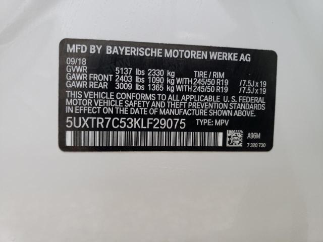 5UXTR7C53KLF29075 - 2019 BMW X3 SDRIVE3 WHITE photo 10