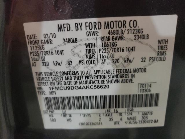 1FMCU9DG4AKC58620 - 2010 FORD ESCAPE GRAY photo 10