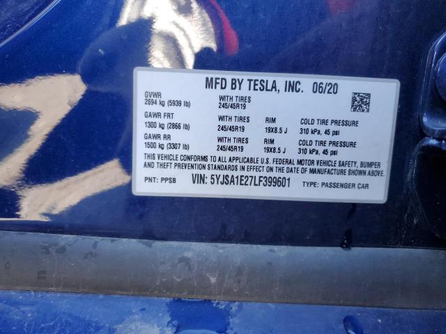 5YJSA1E27LF399601 - 2020 TESLA MODEL S Azul foto 10