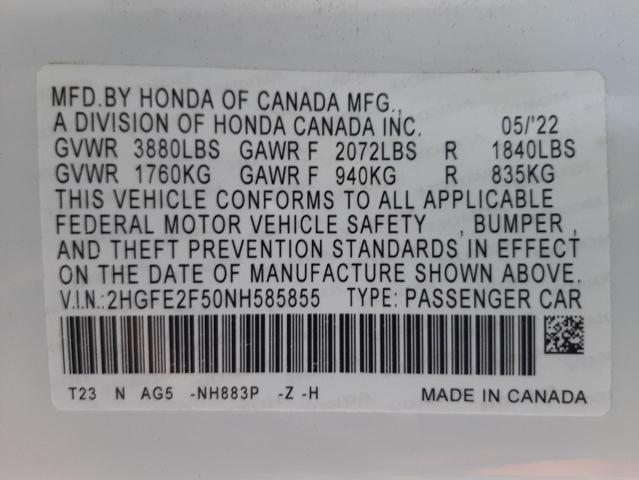 2HGFE2F50NH585855 - 2022 HONDA CIVIC SPOR WHITE photo 10