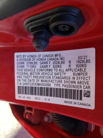 2HGFC2F83MH550998 - 2021 HONDA CIVIC SPOR RED photo 10