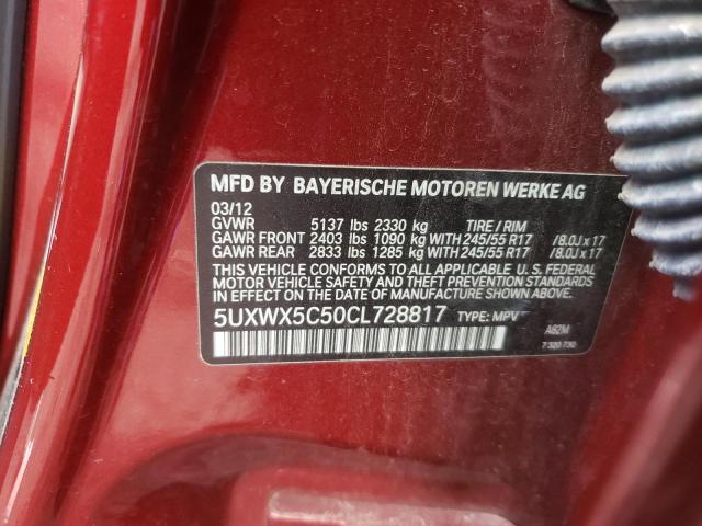 5UXWX5C50CL728817 - 2012 BMW X3 XDRIVE2 MAROON photo 10