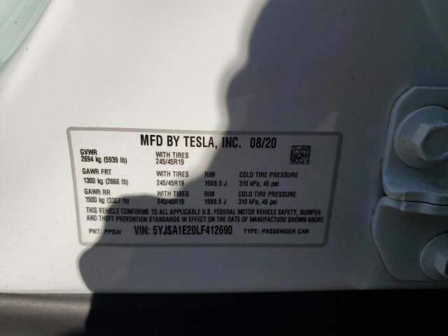 5YJSA1E20LF412690 - 2020 TESLA MODEL S Սպիտակ լուսանկար 10