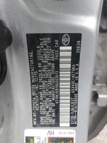 4T1BK1EB1GU203013 - 2016 TOYOTA AVALON XLE SILVER photo 10