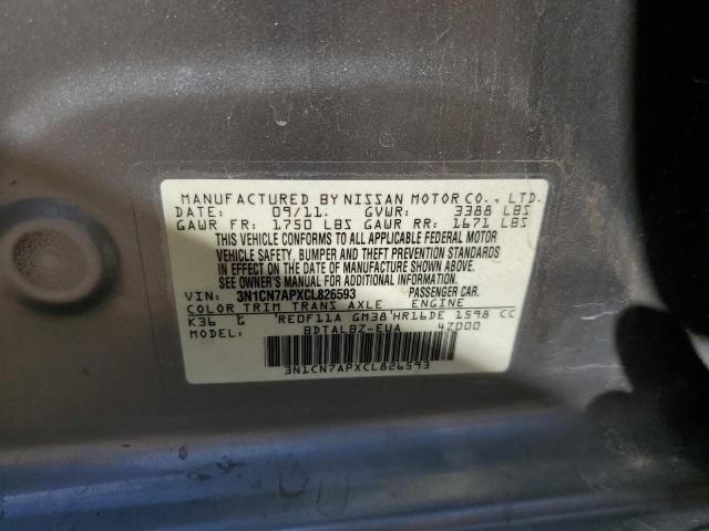 3N1CN7APXCL826593 - 2012 NISSAN VERSA S GRAY photo 10