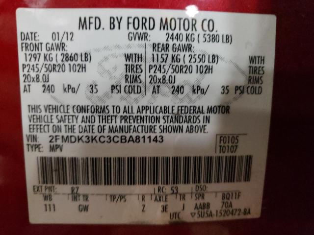 2FMDK3KC3CBA81143 - 2012 FORD EDGE LIMIT RED photo 10