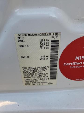 1N4BL4CV9KC186904 - 2019 NISSAN ALTIMA SR WHITE photo 10