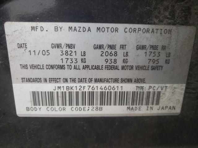 JM1BK12F761460611 - 2006 MAZDA 3 I CHARCOAL photo 10