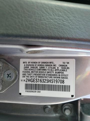 2HGES16325H519708 - 2005 HONDA CIVIC DX V SILVER photo 10