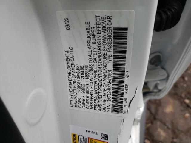 19XFL2H8XNE013991 - 2022 HONDA CIVIC SPOR WHITE photo 10