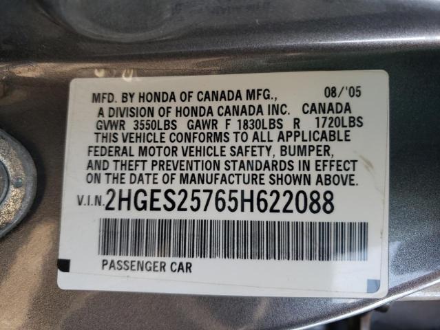 2HGES25765H622088 - 2005 HONDA CIVIC EX GRAY photo 10