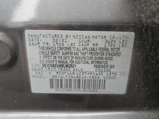 3N1CN8EV4ML862621 - 2021 NISSAN VERSA SV GRAY photo 10