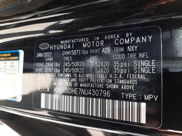 KM8R5DHE7NU430796 - 2022 HYUNDAI PALISADE L BLACK photo 10