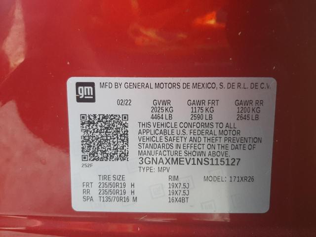 3GNAXMEV1NS115127 - 2022 CHEVROLET EQUINOX RS RED photo 10