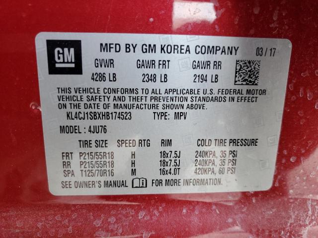 KL4CJ1SBXHB174523 - 2017 BUICK ENCORE SPO RED photo 10