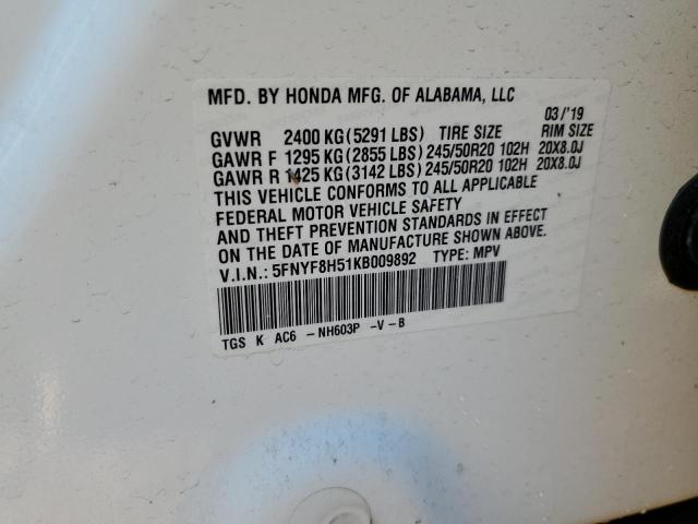 5FNYF8H51KB009892 - 2019 HONDA PASSPORT E 白色 照片 10