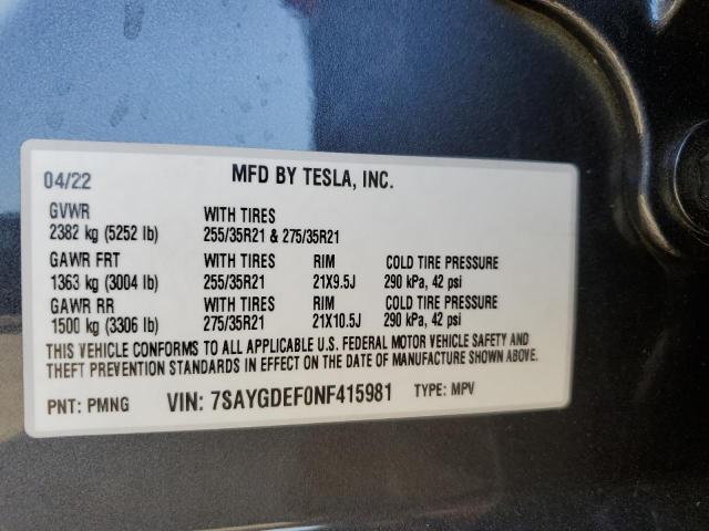 7SAYGDEF0NF415981 - 2022 TESLA MODEL Y فضي صورة 10