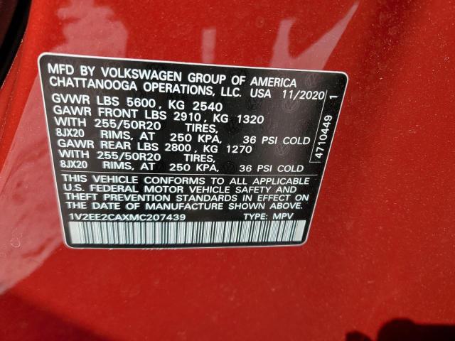 1V2EE2CAXMC207439 - 2021 VOLKSWAGEN ATLAS CROS Красный фото 10