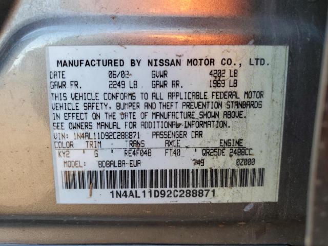 1N4AL11D92C288871 - 2002 NISSAN ALTIMA BAS GRAY photo 10