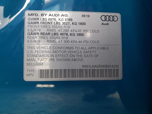 WA1LAAGE0KB014242 - 2019 AUDI E-TRON PRE BLUE photo 10