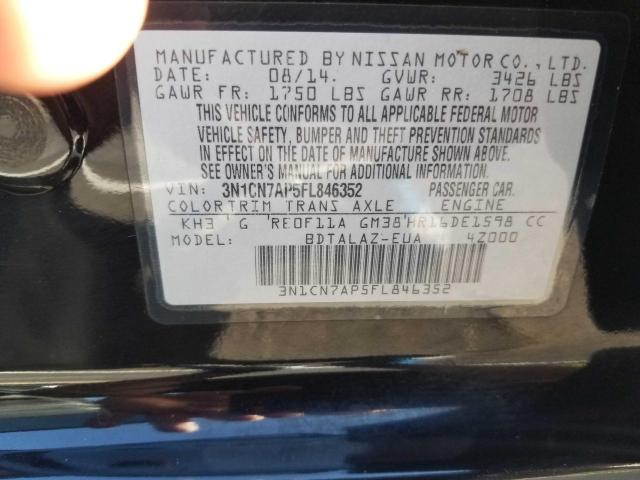 3N1CN7AP5FL846352 - 2015 NISSAN VERSA S BLACK photo 10