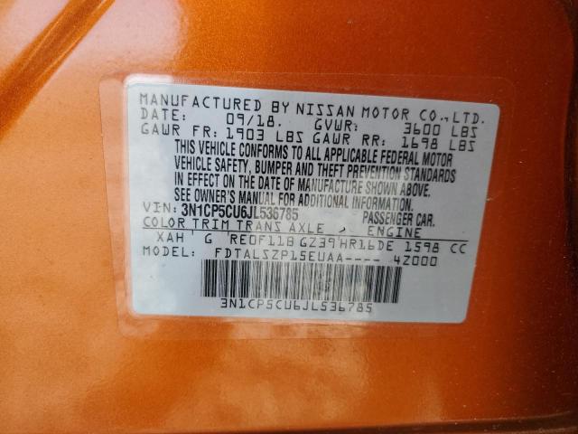 3N1CP5CU6JL536785 - 2018 NISSAN KICKS S ORANGE photo 10