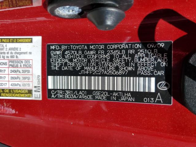 JTHFF2C27A2506897 - 2010 LEXUS IS 250 RED photo 10