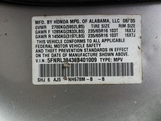 5FNRL38436B401009 - 2006 HONDA ODYSSEY EX SILVER photo 10