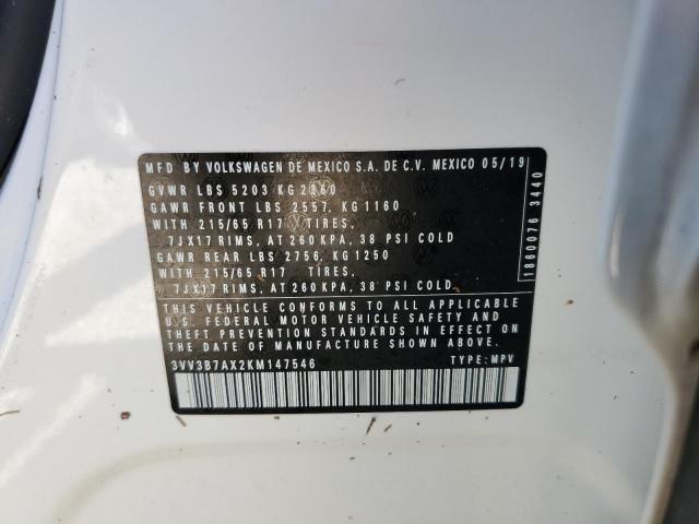 3VV3B7AX2KM147546 - 2019 VOLKSWAGEN TIGUAN SE WHITE photo 10