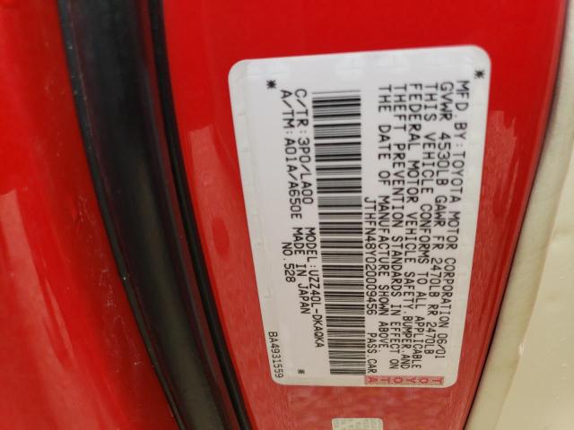 JTHFN48Y020009456 - 2002 LEXUS SC 430 RED photo 10