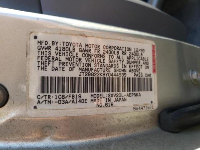 JT2BG22K8Y0444939 - 2000 TOYOTA CAMRY CE SILVER photo 10