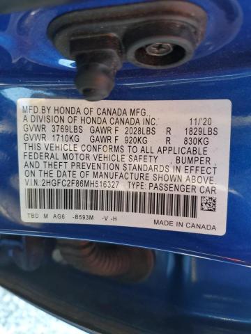 2HGFC2F86MH516327 - 2021 HONDA CIVIC SPOR BLUE photo 10