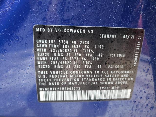 WVGDMPE25MP008273 - 2021 VOLKSWAGEN ID.4 FIRST BLUE photo 10