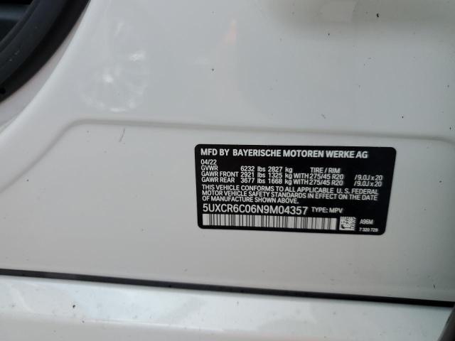 5UXCR6C06N9M04357 - 2022 BMW X5 XDRIVE4 WHITE photo 10