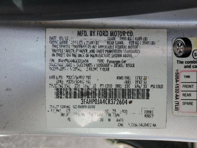 3FAHP0JA4CR372604 - 2012 FORD FUSION SEL SILVER photo 10