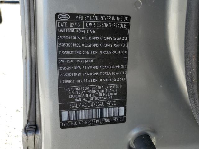 SALAK2D4XCA619879 - 2012 LAND ROVER LR4 HSE LU GRAY photo 10