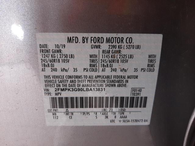 2FMPK3G90LBA13831 - 2020 FORD EDGE SE SILVER photo 10