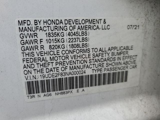 19UDE2F83NA000024 - 2022 ACURA ILX PREMIU WHITE photo 10