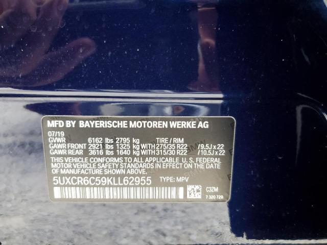 5UXCR6C59KLL62955 - 2019 BMW X5 XDRIVE4 BLUE photo 10