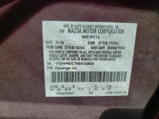 1YVHP80C765M32808 - 2006 MAZDA 6 I MAROON photo 10