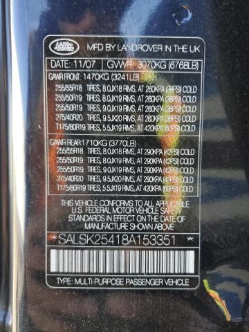 SALSK25418A153351 - 2008 LAND ROVER RANGE ROVE BLUE photo 10