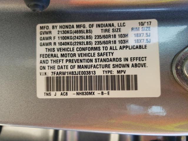 7FARW1H83JE003813 - 2018 HONDA CR-V EXL SILVER photo 10