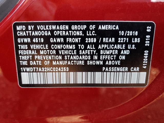 1VWDT7A32HC024253 - 2017 VOLKSWAGEN PASSAT R-L MAROON photo 10